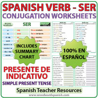 Spanish Worksheets to learn the correct conjugation of the verb SER in the simple present tense. Ejercicios para practicar la conjugación del verbo SER en español (en el presente de indicativo).